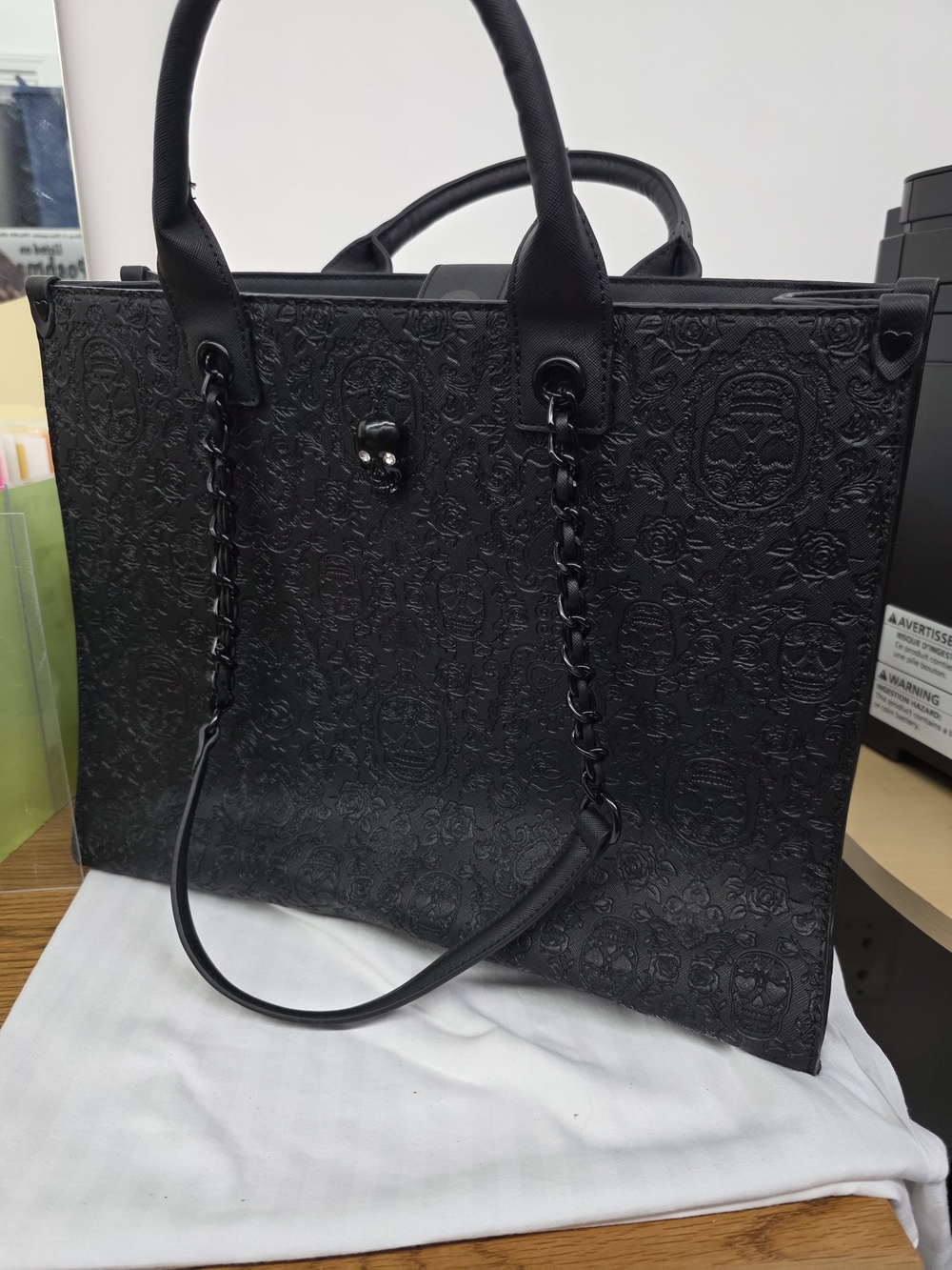 Betsey Johnson Black Embossed Tote with Chain-Accent Handles - Picture 1 of 8